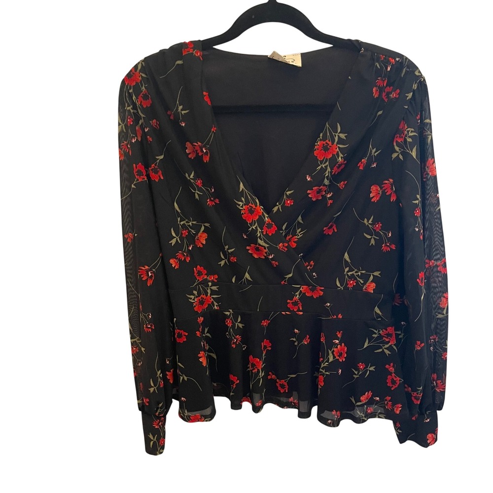 Ember‎ Black Red Floral Peplum Blouse Sheer Top Women L Whimsigoth Career